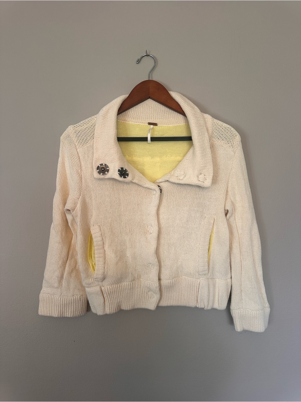 Free People Cream Knit Cropped sweater button up with Yellow Lining